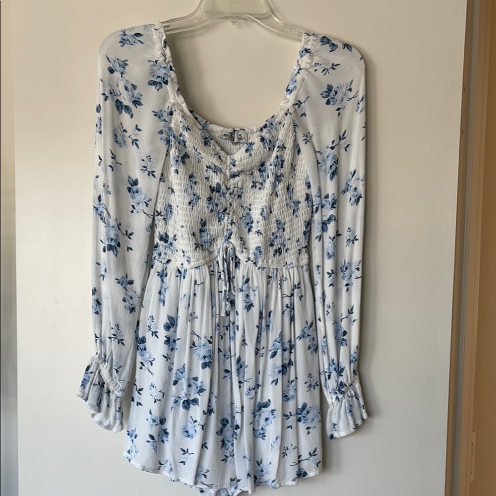 Floral Blue and White Long Sleeve Romper